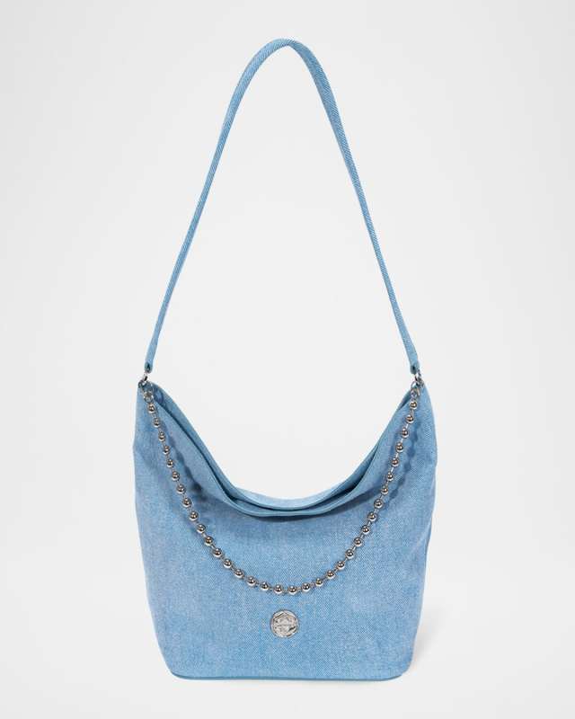 Ball Chain Denim-Print Leather Bucket Bag